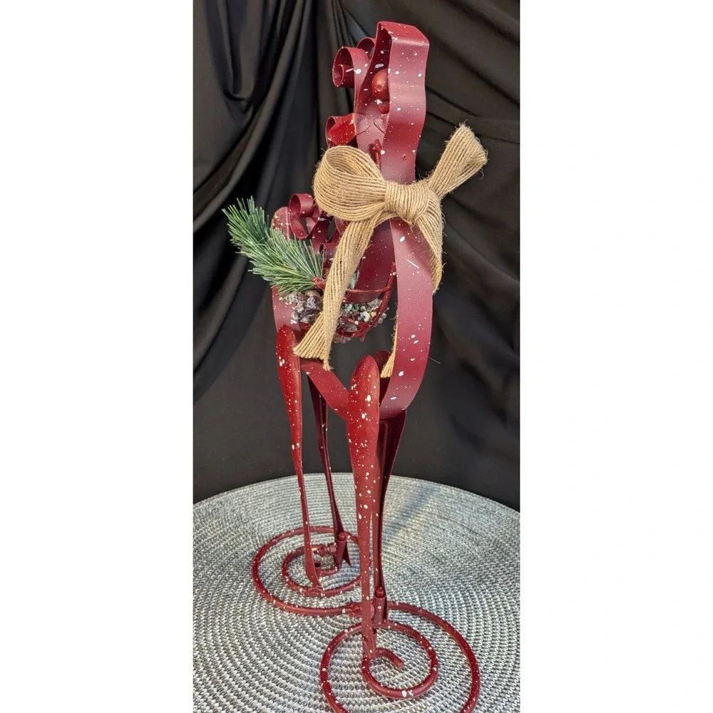 Vtg Rustic Metal Reindeer Tabletop Figurine Snow Splatter Pinecone Burlap 14